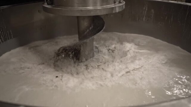 Industrial mixer churning liquid slurry in a stainless steel tank