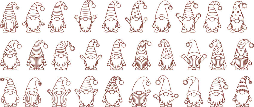 Set of gnome line art characters in Scandinavian style. Hand drawn holiday gnomes for winter crafts, SVG projects, cards, decor and festive designs.