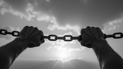 Struggling hands grasping chain against dramatic sky, symbolizing strength and resilience in face of adversity © NARUMOL