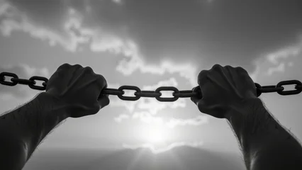 Struggling hands grasping chain against dramatic sky, symbolizing strength and resilience in face of adversity © NARUMOL