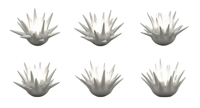 six 3d rendered white abstract objects with spiky exterior soft glowing core on white background futuristic designs