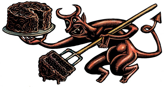 devil with a devil's food cake and a pitchfork