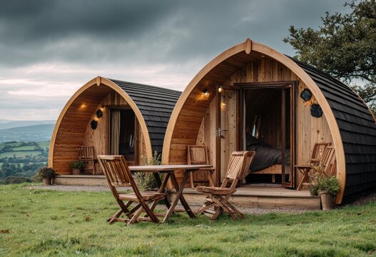 Cozy wooden glamping pods with open doors, table, chairs on a grassy hill