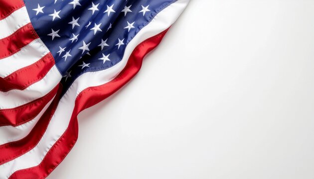 American flag flying isolated on white background with realistic fabric waves