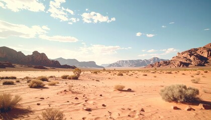 Fototapeta premium Expansive desert landscape featuring reddish rocks, sparse vegetation, and a clear blue sky