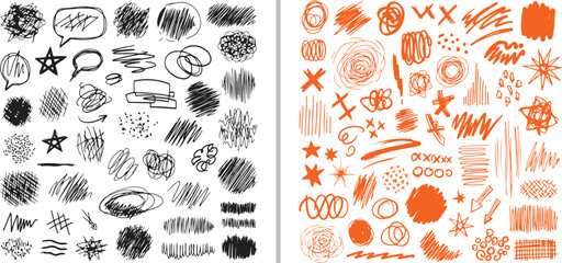 A lively collection of hand-drawn minimalist scribbles and abstract ink textures in black and vibrant orange. Features speech bubbles, stars, and expressive sketchy marks. © Nur