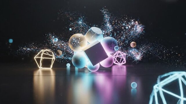 Neon geometric shapes exploding on dark background