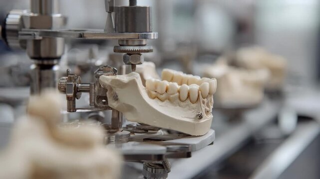 Detailed view of facebowmounted dental casts in articulator focusing on precise mounting points and jaw relations with surrounding lab equipment softly out of focus.