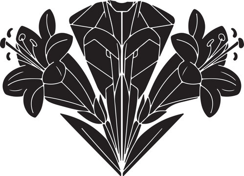 A stylized black silhouette of an abelia flower arrangement with prominent blooms, abstract central elements, and cascading leaves, ideal for elegant design.