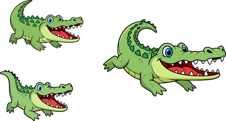 Obraz premium Collection of three cheerful cartoon green alligators or crocodiles with wide open mouths showcasing jagged teeth and playful blue eyes in various dynamic poses isolated against a black background per