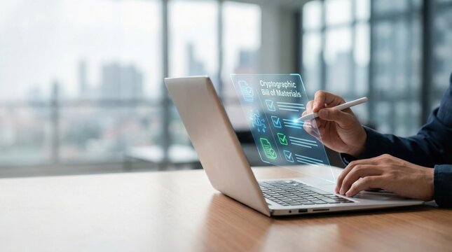 Professional cybersecurity specialist utilizing stylus and laptop for cryptographic bill of materials analysis with augmented reality interface supporting digital security compliance outcomes.