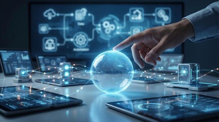 Fototapeta premium Business Hand Interacting with Digital Globe Hologram, Data Visualization Dashboards, and Cloud Technology Interfaces Driving Global Connectivity and Network Optimization