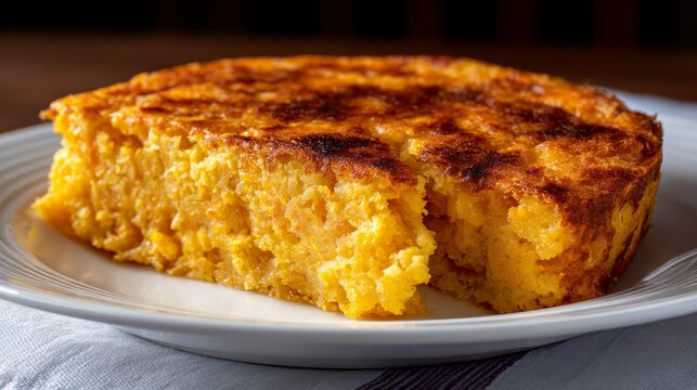 A partially sliced, golden-brown baked corn dish sits on a white plate atop a linen cloth. Dark wooden background