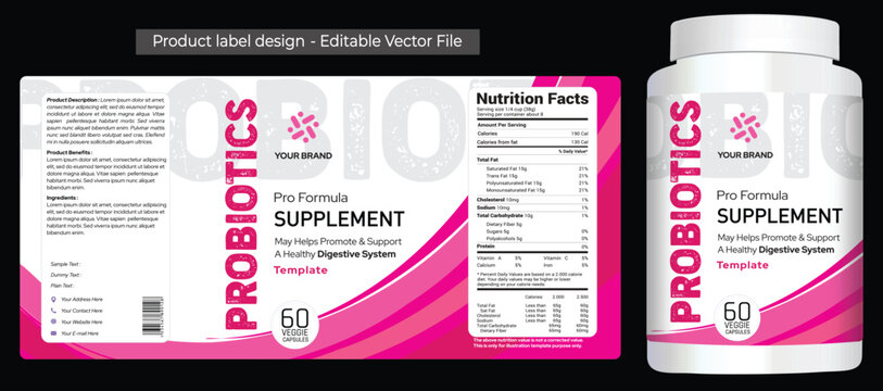 Probiotic supplement label design branding, pink white product label design, packaging design for women care products, female care supplement packaging jar label design, editable vector branding file