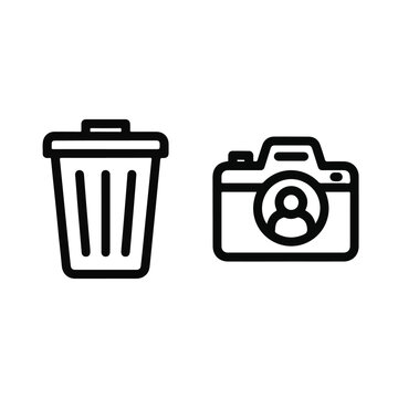 Black line art icons featuring a trash can for deletion and a camera with a user profile, representing digital actions and identity.
