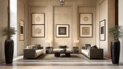 art deco inspired interior with framed geometric artwork, neutral luxury palette, polished surfaces, sculptural lighting, symmetrical layout, minimal