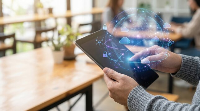 Business Professional Utilizing Tablet Device with Cloud Computing Interface and Cybersecurity Visualization Enhancing Digital Infrastructure Collaboration in Modern Workspace Setting