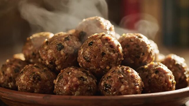 Hot and fresh homemade meatballs with herbs, steaming on a traditional plate, ready to be cooked