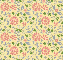 Vibrant floral pattern with pink flowers and green leaves on yellow background