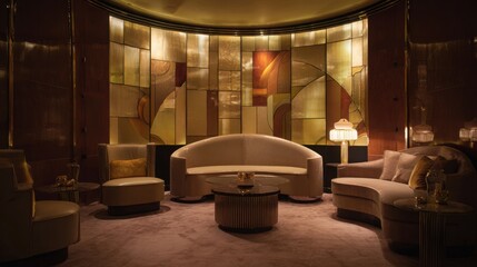 art deco lounge interior, curved furniture silhouettes, mirrored wall panels, brass and glass details, warm amber lighting, refined cinematic