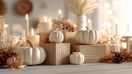 Obraz premium Warm Autumnal Still Life with White Pumpkins and Candles