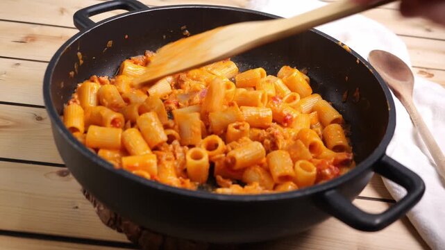 Persona mescola la pasta nella pentola per mantecare il condimento
