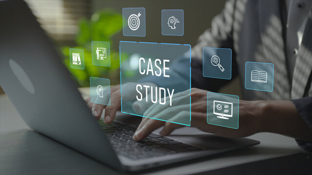 Case study analysis concept focused on research, evaluation and insights. Professional examining business cases and findings using a laptop-based digital platform.
