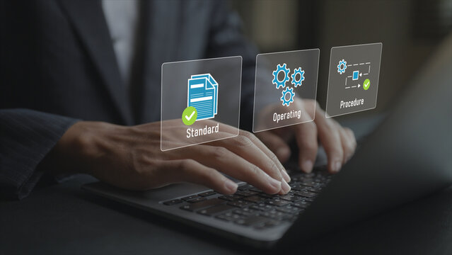 Digital SOP management system with virtual icons for workflow, approval and documentation. Business professional controlling processes, compliance and quality standards via an online platform.