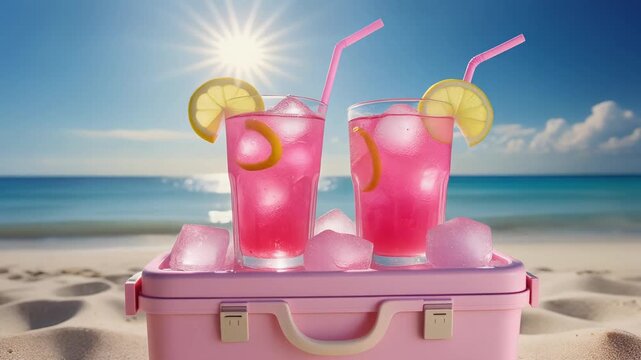 Two glasses brimming with bright pink lemonade rest on ice inside a soft pink cooler on a sandy shoreline. The brilliant sun beams down upon a crystal-clear blue sea, completing an idyllic summer pict