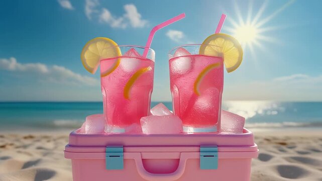 Two glasses brimming with bright pink lemonade rest on ice inside a soft pink cooler on a sandy shoreline. The brilliant sun beams down upon a crystal-clear blue sea, completing an idyllic summer pict