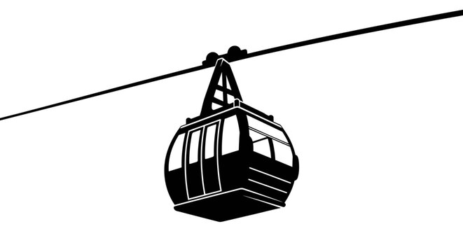 Cable car suspended high above the ground on a cable in a transport scene viewed from below