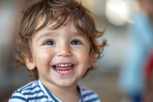 Close up of happy toddler boy with big brown eyes and curly hair, wearing striped shirt, smiling and laughing, showing his healthy teeth and gums
