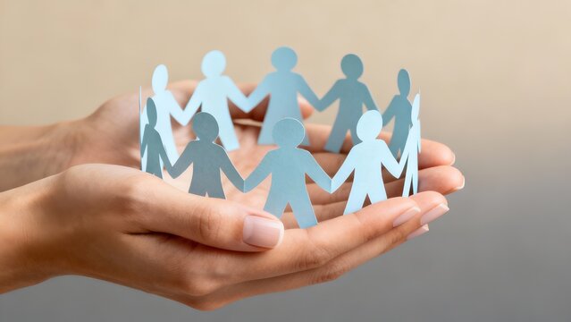Hands cupping a circle of paper figures, symbolizing community and unity