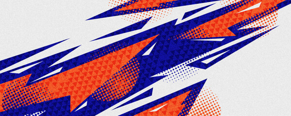 Abstract Sport Background with Sharp Blue and Orange Shapes, Halftone Patterns and Texture Effects. Template for Sport or Event Banner and Poster Design © WzKz