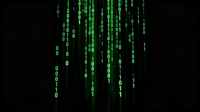 Digital rain of binary code on a dark background, representing data flow and technology