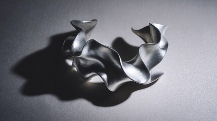 sculptural silver bracelet, fluid organic form, contemporary jewelry art piece, brushed metal texture, modern luxury aesthetic, soft grey background