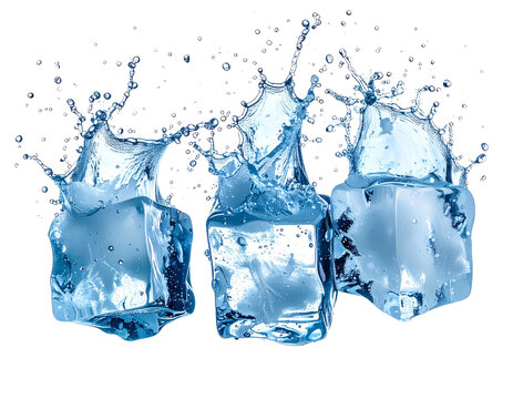Exploding ice cores with surrounding splashes of liquid water and frost, isolated on a transparent background, PNG

