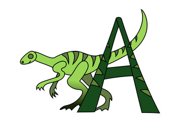 Fototapeta premium A green vector drawing of an Agilisaurus dinosaurus, with a matching letter A. Part of dino alphabet. 