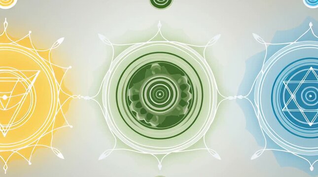 Seven glowing chakra symbols aligned vertically on dark background, radiant energy colors, balanced composition. Spiritual concept illustration without people, clean and symbolic.
