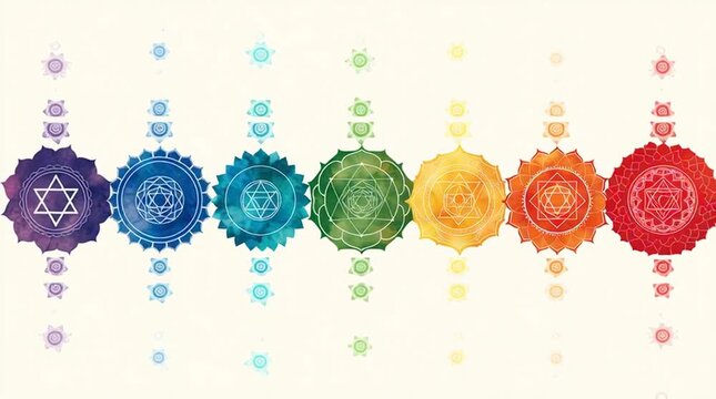 Seven glowing chakra symbols aligned vertically on dark background, radiant energy colors, balanced composition. Spiritual concept illustration without people, clean and symbolic.
