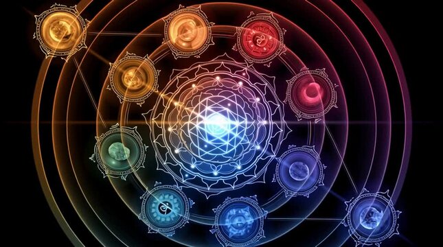 Seven glowing chakra symbols aligned vertically on dark background, radiant energy colors, balanced composition. Spiritual concept illustration without people, clean and symbolic.
