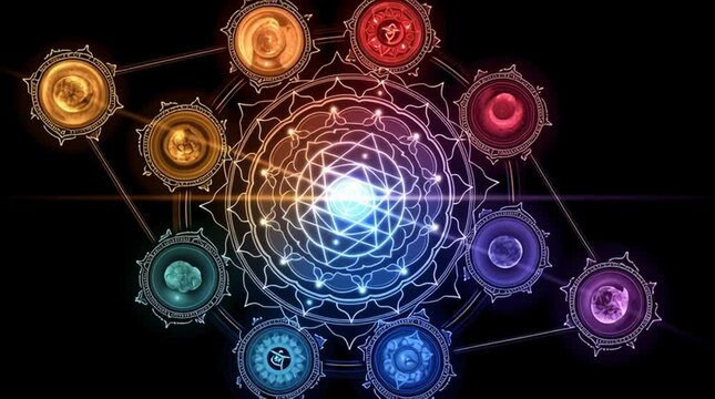 Seven glowing chakra symbols aligned vertically on dark background, radiant energy colors, balanced composition. Spiritual concept illustration without people, clean and symbolic.
