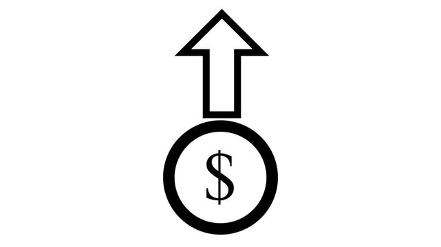 Minimalist black line animation of a dollar sign with an upward arrow on white, symbolizing price increase, inflation, profit, and economic growth.