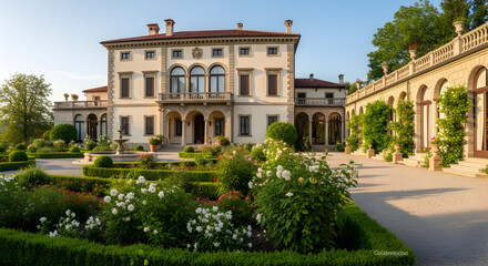 Obraz premium Luxurious mansion with beautifully manicured gardens and arches.