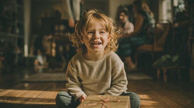 Child sitting on floor playing with a simple gift while adults talk softly nearby. Authentic family connection, real emotions, unposed holiday moment in natural home setting.
