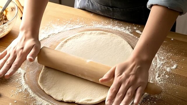 A baker's hands skillfully use a wooden rolling pin to flatten fresh dough on a floured countertop. This cozy, close-up shot captures the satisfying process of making homemade pastries, with cinnamon 