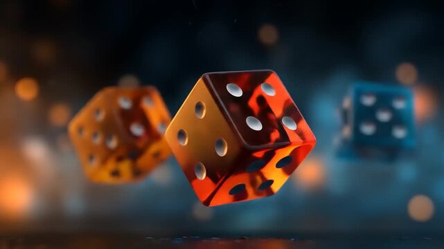 Transparent dice rolling against a bokeh background illustrating chance