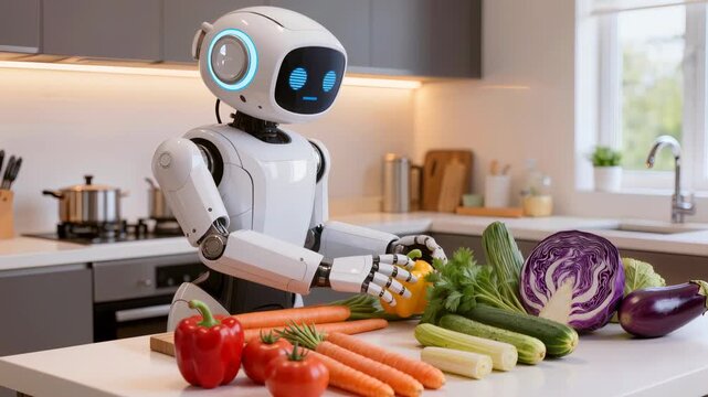 Smart ai home robot assistant arranging fresh vegetables by rainbow color spectrum on modern kitchen counter. Concept of color harmony, healthy food organization, and creative smart home automation