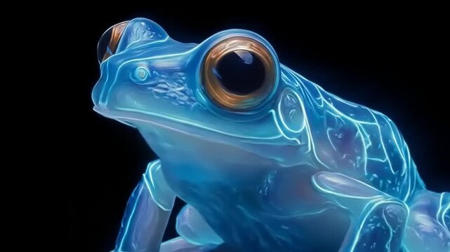Transparent frog model with glowing veins on black background