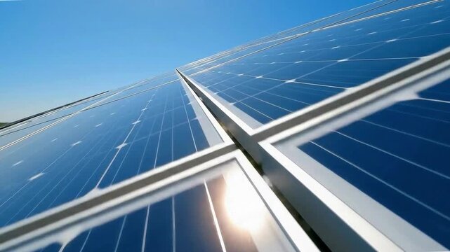 Macro Texture of Polycrystalline Silicon Solar Cell showing Photovoltaic Wafer Grid and Sun Flare Reflection for Clean Energy Technology